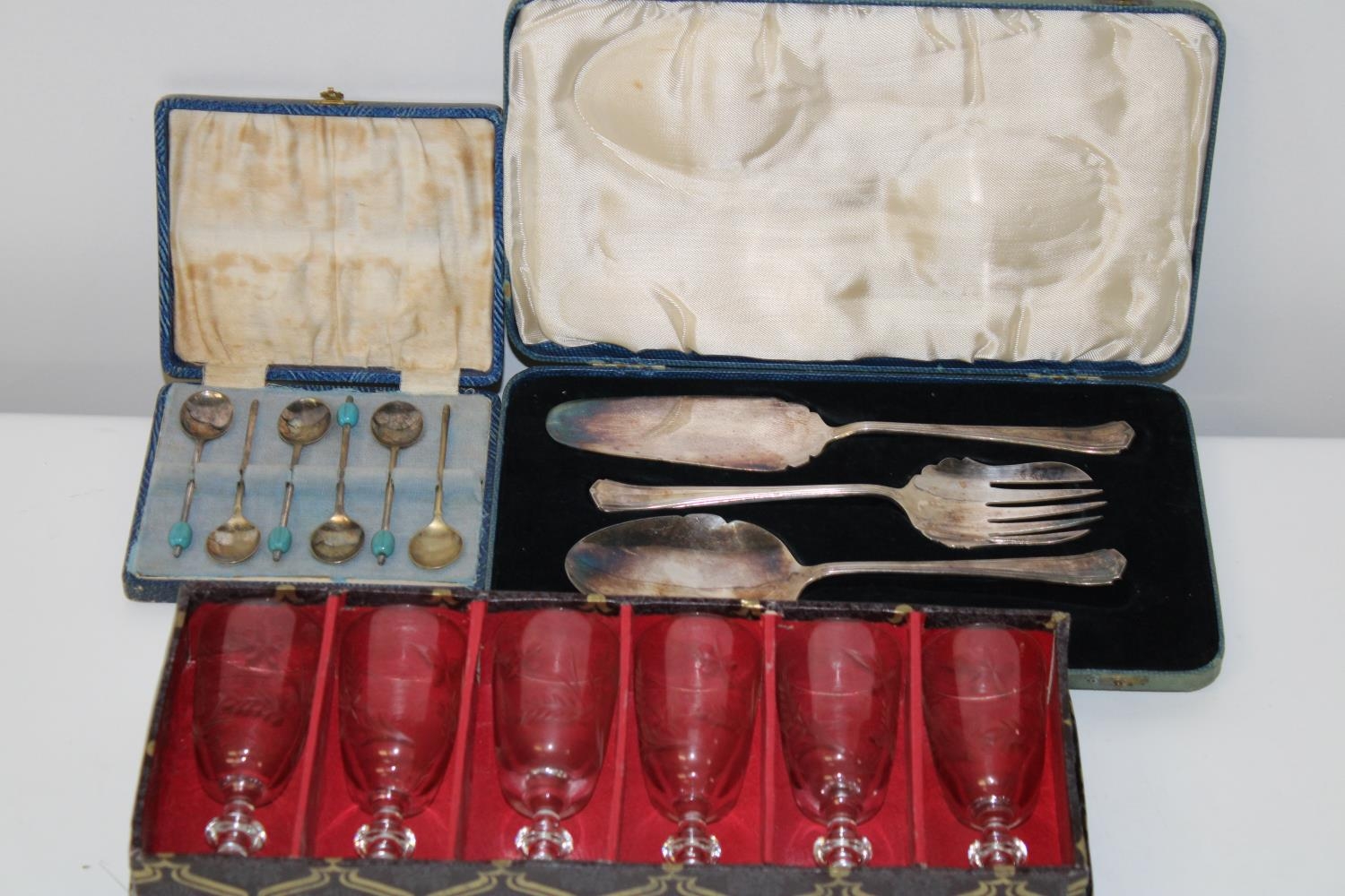 Three box sets of vintage cutlery & glass ware