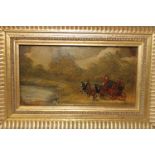 An original antique oil on board of a coaching scene in a good gilt frame signed Saletti. 27cm x