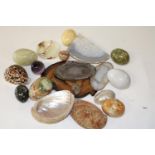 A box of geodes, shells, fossils & polished stones