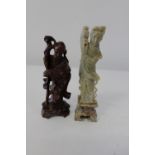 A Chinese soapstone figure & one wooden figure 15cm & 14cm