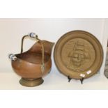 A large copper hanging charger & brass & copper coal scuttle with enamelled handles