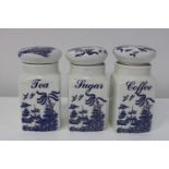 A selection of three vintage blue & white bone china storage jars. Blue Willow by Regal