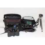 An Olympus camera, pair of binoculars & camera bags