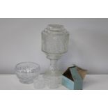 A Hurricane style glass lamp & other glass items (lamp has chips to the base)