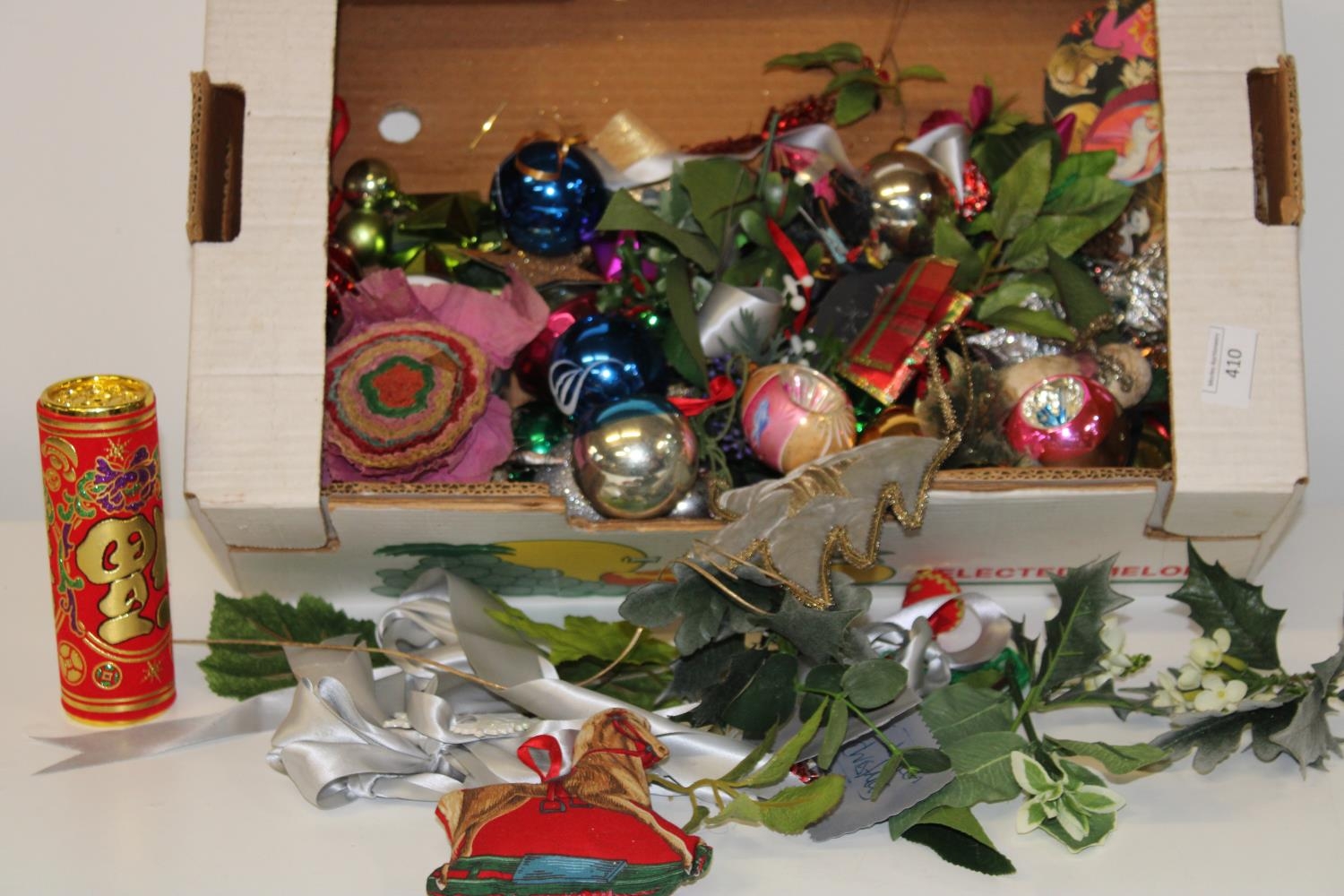 A box of vintage Xmas decorations