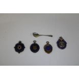 Four hallmarked silver & enamel medals & silver mustard spoon