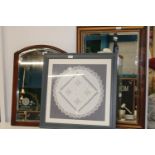 Two vintage wooden framed mirrors & a framed piece of lace work Collection only