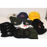 A box of baseball caps & other