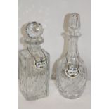 Two vintage cut glass decanters & ceramic labels