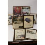 A selection of assorted automobile related framed prints