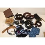 Two boxes of belts & accessories including leather