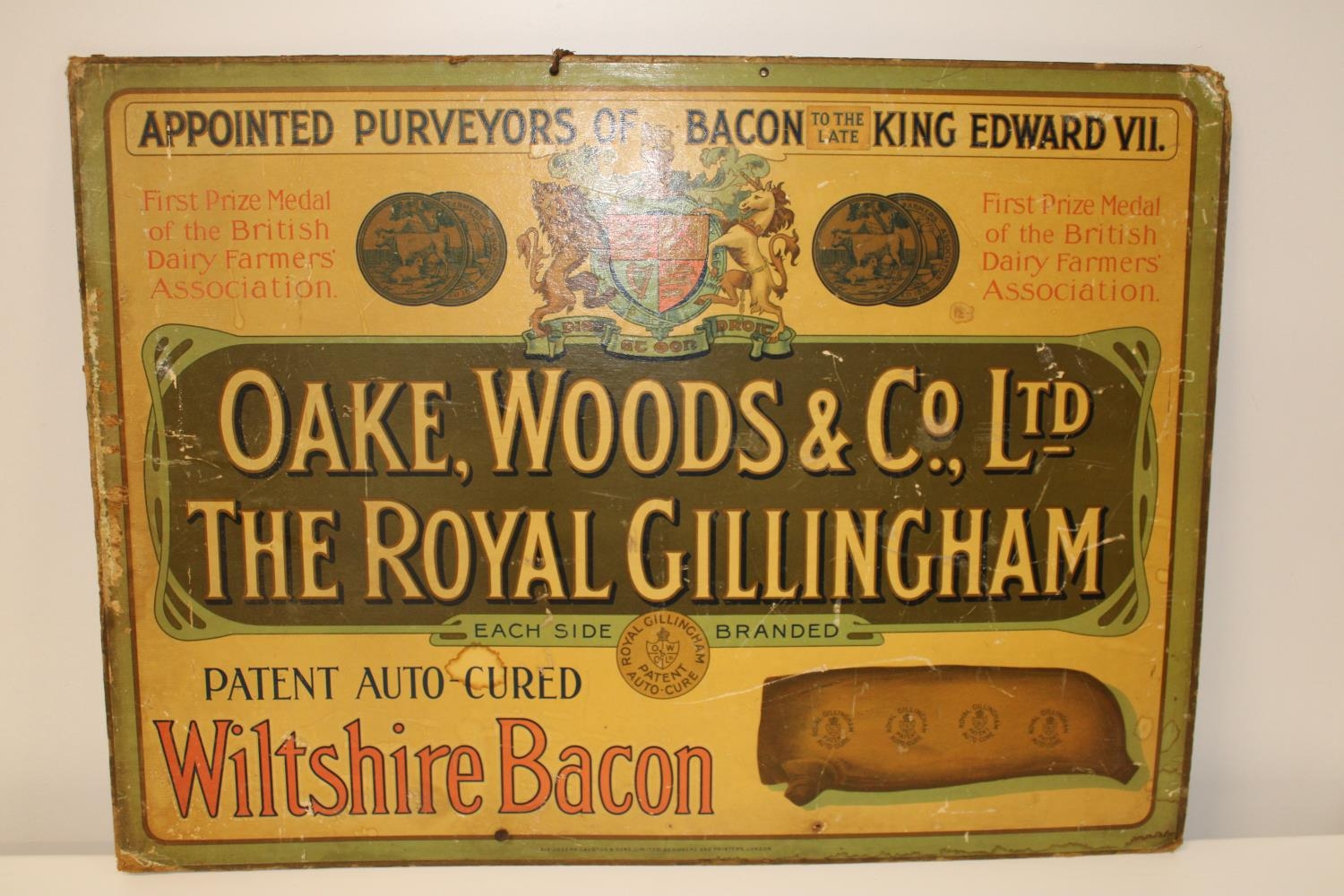 An original vintage printed on cardboard advertising sign for Wiltshire bacon 77x56cm Collection