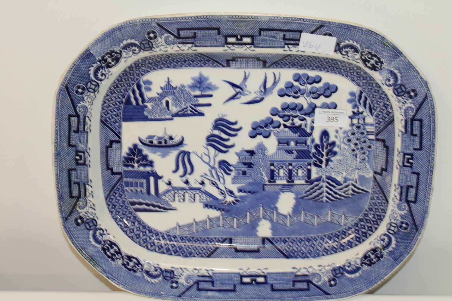 A vintage blue & white willow pattern meat plate 43x35cm