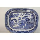 A vintage blue & white willow pattern meat plate 43x35cm