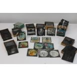 A large selection of boxed magic lantern glass slides various themes by Ilford Special Lantern