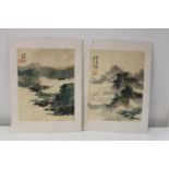 Two Chinese landscape paintings, both signed & with red seal stamp