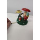 A post WW2 hand painted novelty treen sewing set in the form of a fairytale woodland. Pin cushion