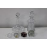 Two vintage cut glass decanters & paper weights etc