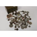 A job lot of assorted World coins & brass bound box