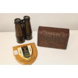 A Royal Air Corps wooden cigarette box along with a pair of binoculars & Royal Marines 42 Commando