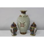 Two small Oriental ginger jars (h17cm) & hand decorated vase (28cm)