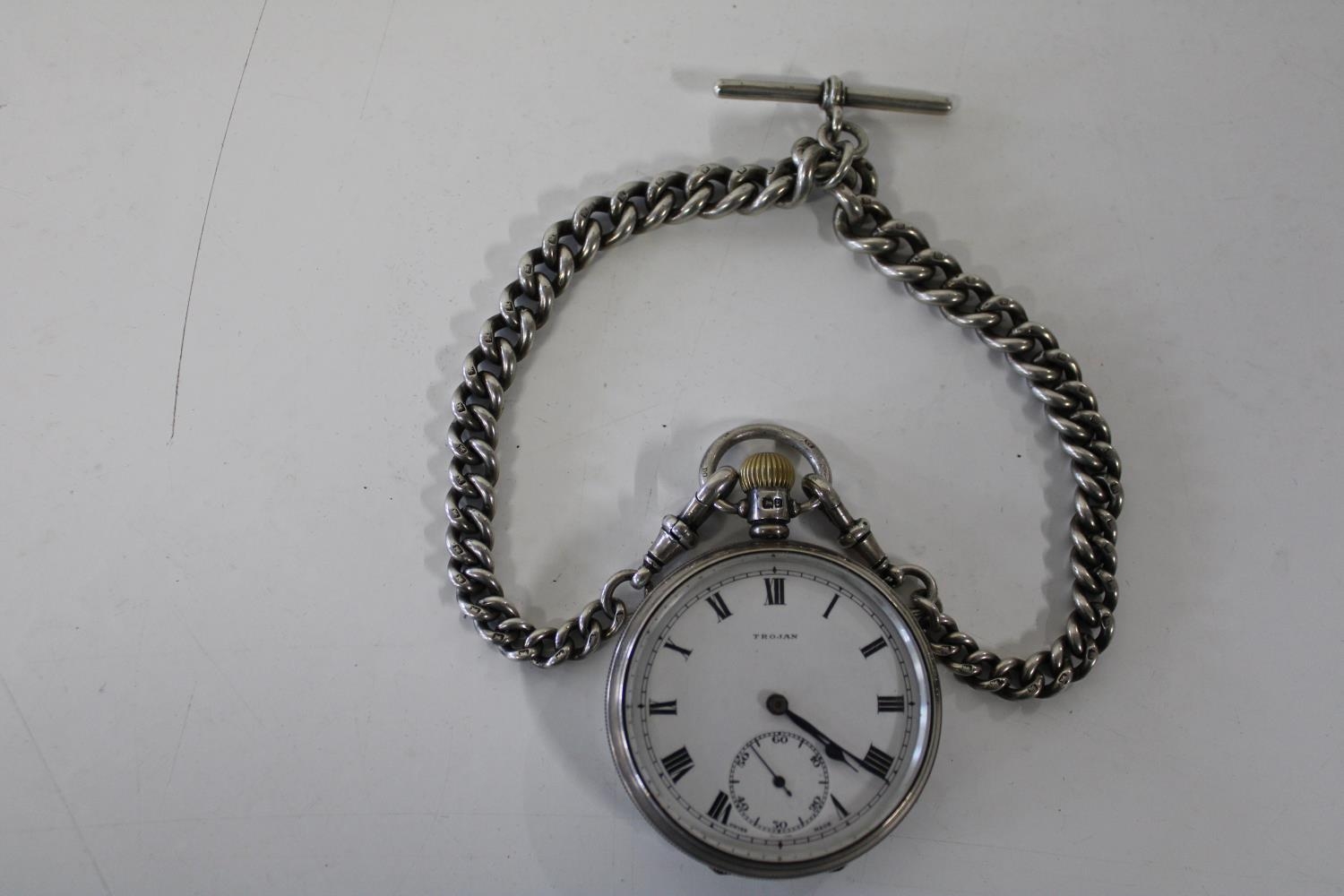 A Trojan silver pocket watch and hallmarked silver double Albert chain & T-Bar