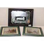 Three pieces of framed artwork including a Rolls Royce mirror