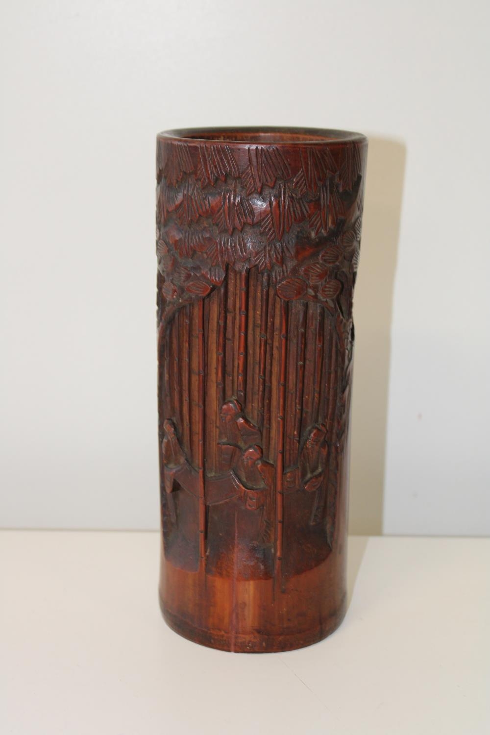 A hand carved Chinese bamboo brush pot. h 27cm