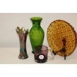 Four pieces of assorted vintage glass ware. Green vase is 29cm tall