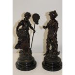 Two quality spelter figures on wooden bases with signatures & foundary marks. 42cm tall