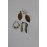 A pair of 9ct gold leaf shape earrings, pair of 925 silver earrings & one 9ct gold earring