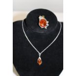 A 925 silver & amber necklace with pendant & brooch