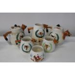Six pieces of vintage PPC hunting themed pottery