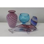 Four pieces of assorted art glass (two pieces signed)