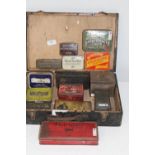 Vintage wooden box and job lot of tins