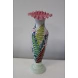A vintage vaseline hand painted glass vase 26cm tall