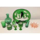A job lot of green glass ware Mary Gregory etc (some damage to bottle)