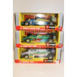 Three boxed Burago 1:24 scale F1 models