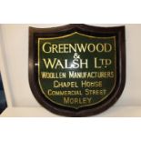 A vintage Greenwood & Walsh Ltd of Morley, glass & wooden framed shield sign. 70cm x 68cm collection