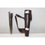 A stainless steel stirrup flask in leather case flask 25cm tall