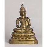 Sitzender Buddha auf doppeltem Lotossockel. Dhyana Asana und Mudra. Eingelegte Augen. Bronze.