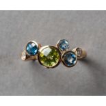 Peridot-/Blautopasring mit Brillanten in 14 ct. Roségoldfassung