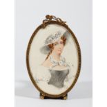 Miniatur mit Damenportrait. Bleistift und Aquarell. Um 1900. Oval, 13 x 9 cm. R