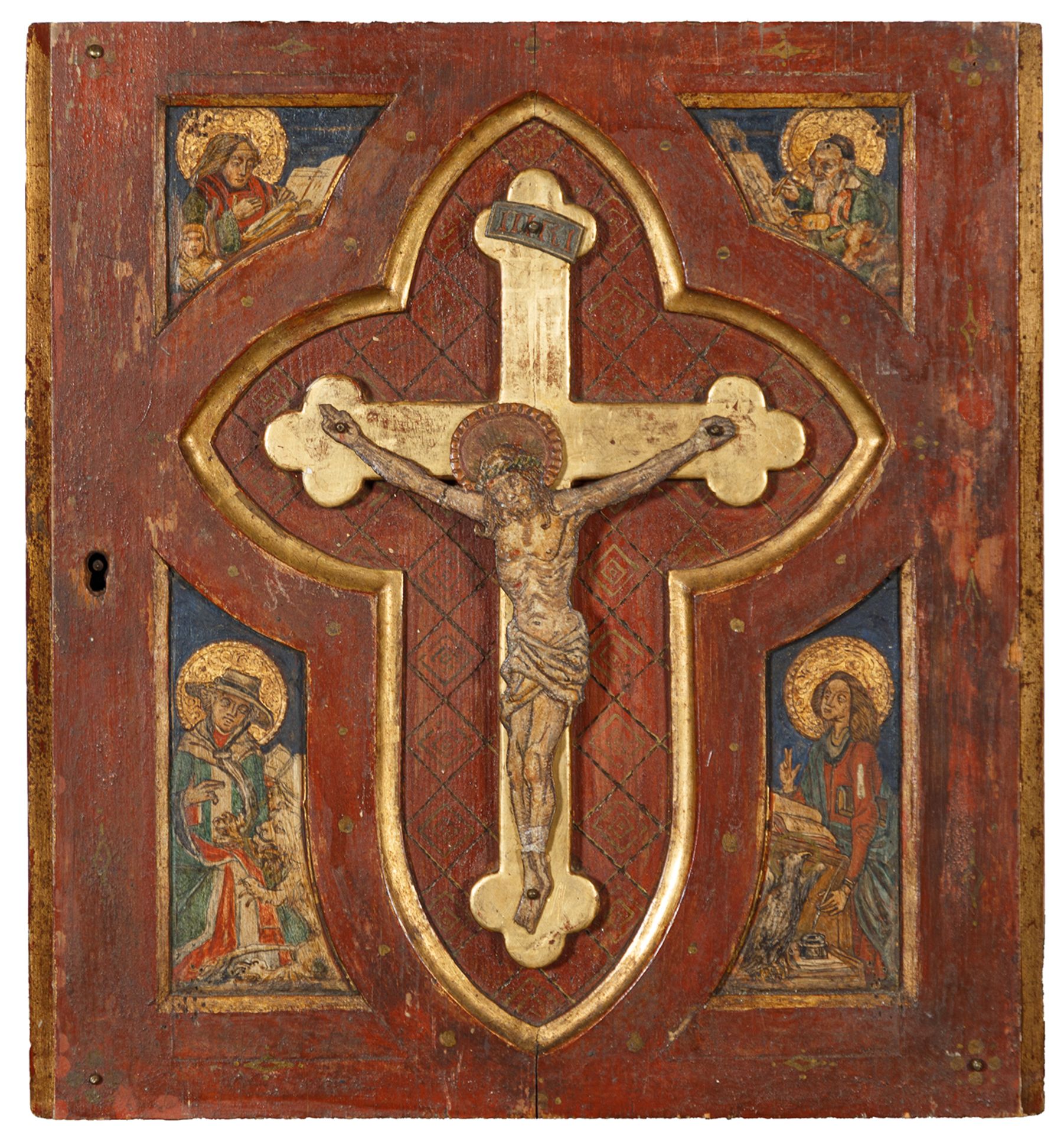 Tabernakeltüre mit Kruzifix und den vier Evangelisten. Polychrome Bemalung. Kruzifixus Metall