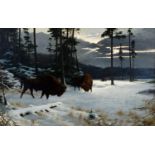 Wilhelm Arnold. Sign. und 1896 dat. Wisent am Winterwaldrand. Öl/Lwd. 70 x 110 cm. R