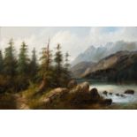 Eduard Boehm. 1830 - Wien - 1890. Sign. Gebirgslandschaft mit See und Katarakt vor aufragendem