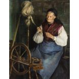 Eva Zewy. 1885 - Wien- 1963. Sign. Alte Frau in Tracht am Spinnrad. Öl/Lwd. 130 x 100 cm. R