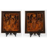 Paar Kassetten-Reliefschnitzereien mit höfischen Szenen. China. 33 x 29 cm