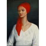 Portraitist des 20. Jh. Undeutlich sign. Damenportrait mit rotem Kopftuch. Öl/Ktn. 69 x 50 cm. R