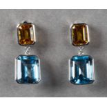 Paar Pendeloques. Zwei oktagonal geschliffene Goldberylle ca. 2,80 ct. Zwei Blautopase (swiss